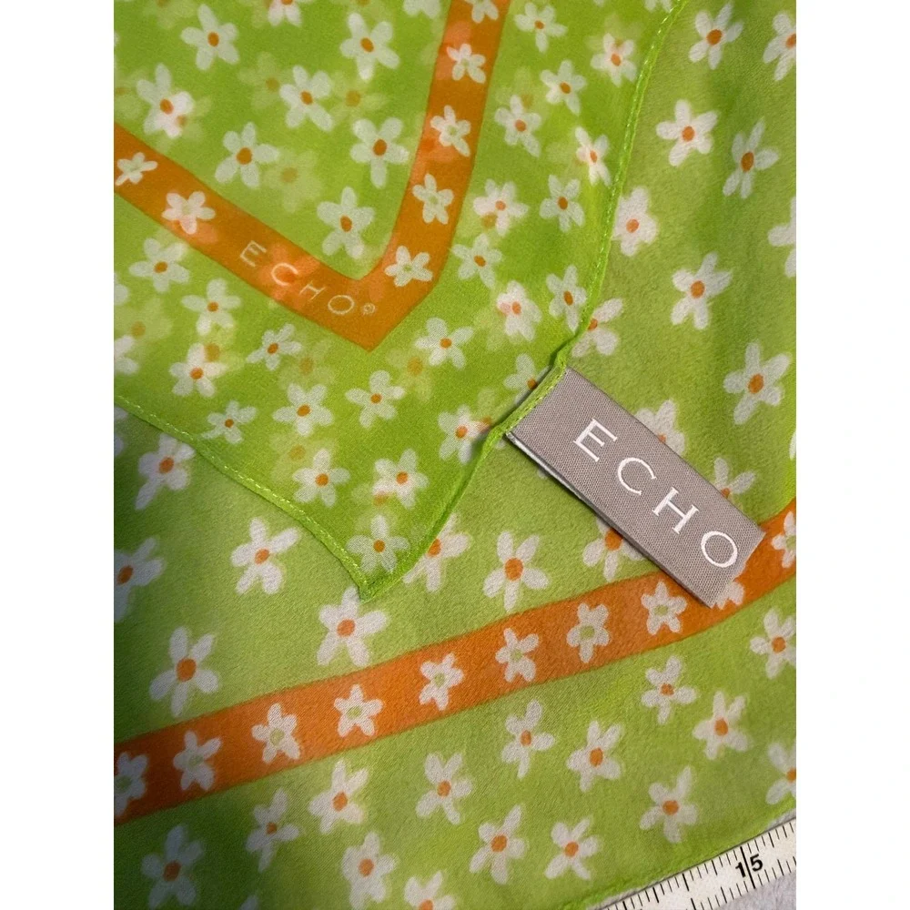 Echo Silk Scarf Floral Daisy Green Orange Sheer‎ Square Vintage 21
